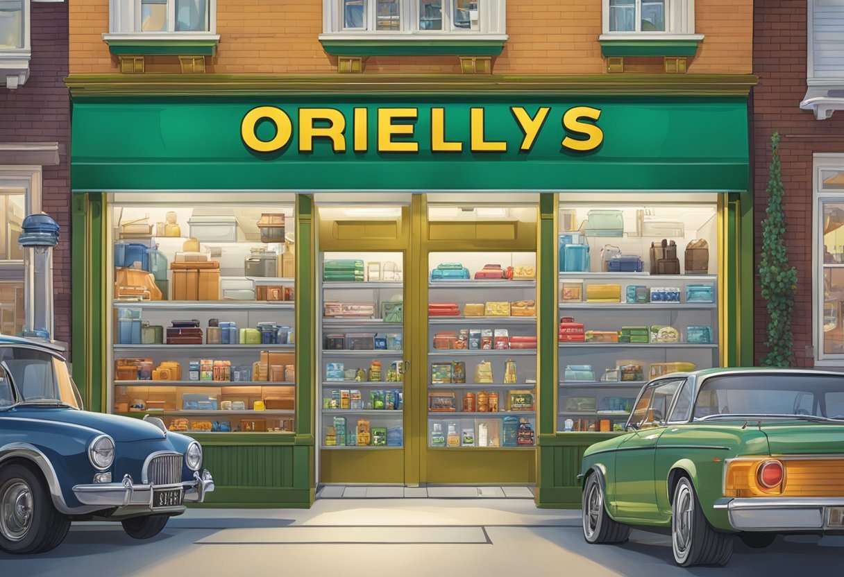 A storefront with a large sign reading "Oriellys" above the entrance, surrounded by various automotive products and services on display