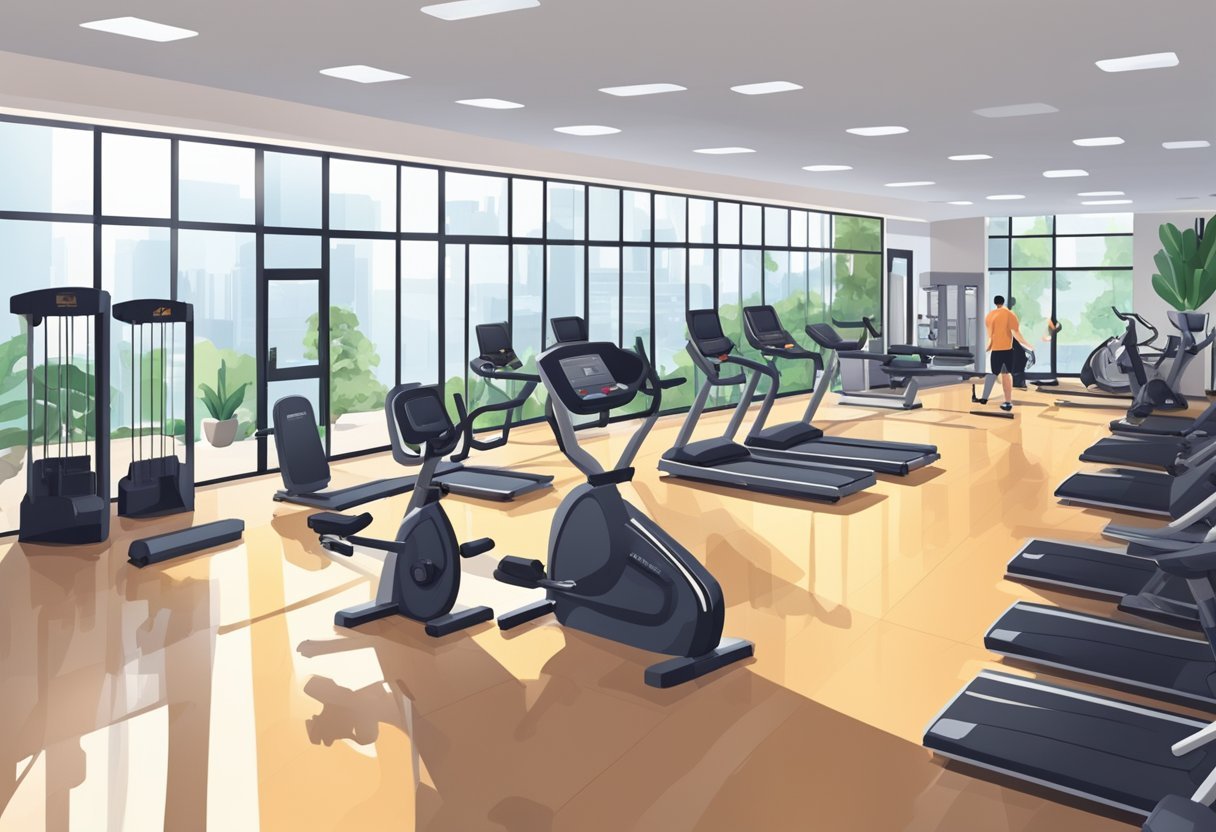 A bustling gym with diverse workout areas and modern equipment. Staff assisting members at the front desk. Vibrant energy and motivation throughout