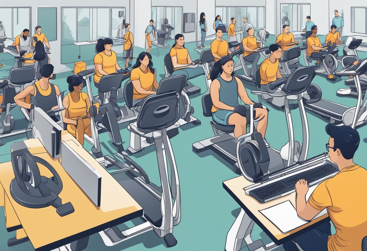 A person at a desk surrounded by gym equipment, with a line of people waiting to ask questions