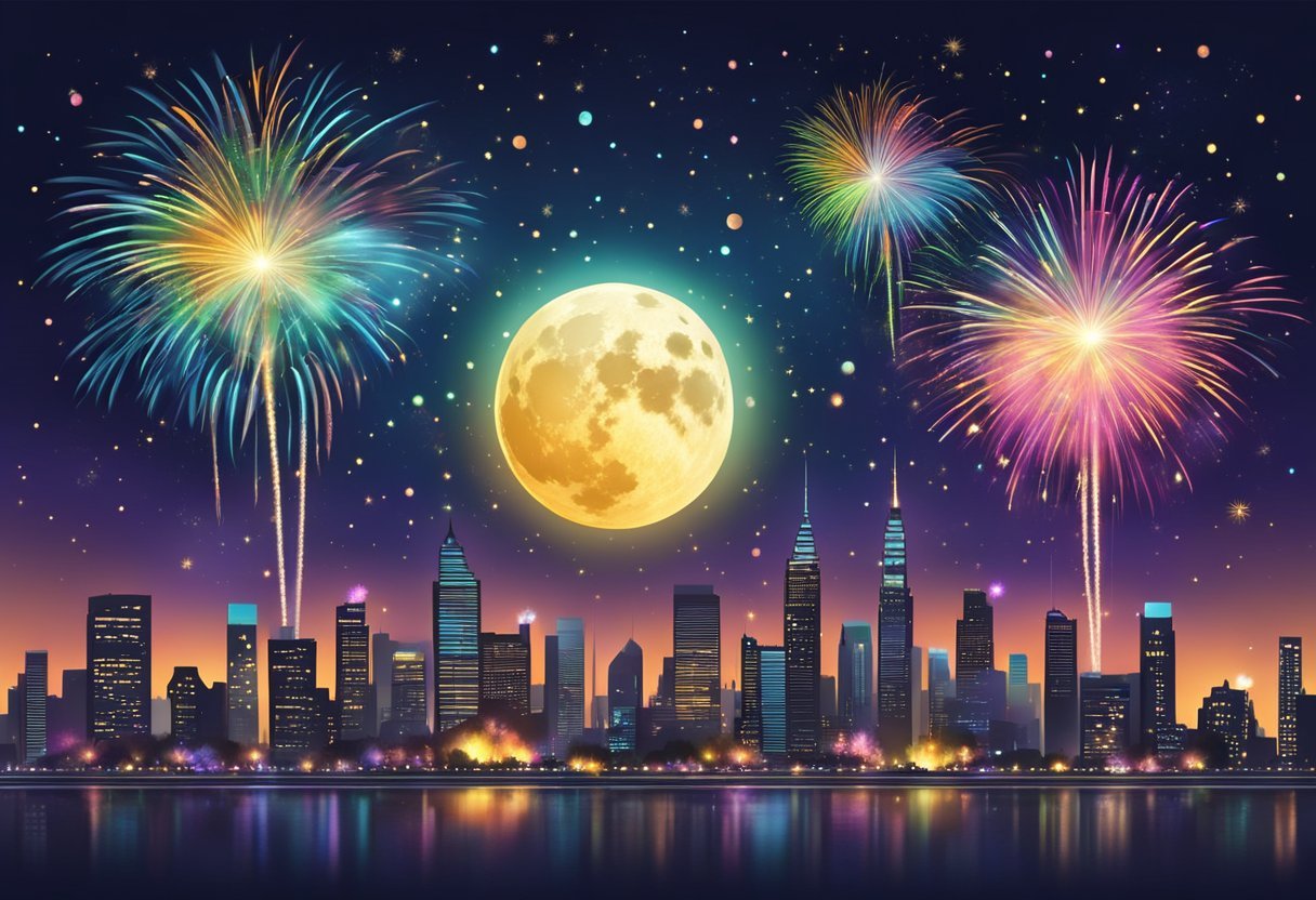 Colorful fireworks bursting in the night sky over a city skyline, with a full moon and stars shining brightly