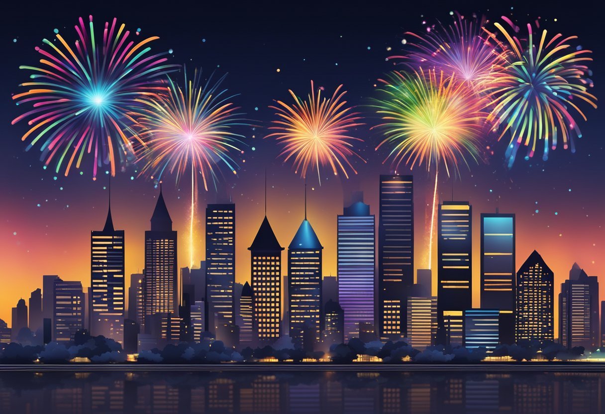 A festive display of colorful fireworks lighting up the night sky over a city skyline